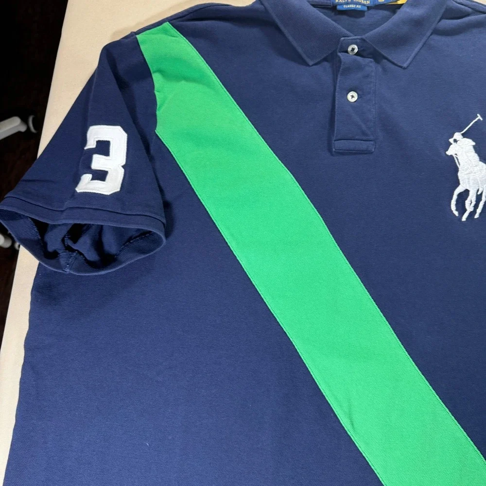 Polo Ralph Lauren Men's Big Pony Polo Shirt Navy Blue Green Stripe‎ Rugby XXL - Picture 10 of 15